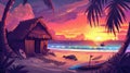 Tropical sunset with surfboard and tiki bar on sea sand beach with palm trees. Cartoon sunrise with bamboo bungalow with Royalty Free Stock Photo