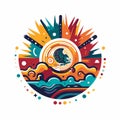 Tropical Surfer Graphic Logo With Swells - Cosmic Landscapes Inspired Design