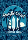 Tropical surfing club poster with palm trees and surfboards