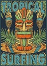 Tropical surfing summer poster. Tiki mask surf