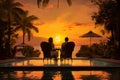 romantic sunset swimming vacation pool honeymoon travel back couple relax. Generative AI. Royalty Free Stock Photo