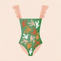 Tropical Swimsuit. Green swim suit, one piece swimwear with pink ruffles, doodle flowers, leaf pattern. Mexican Royalty Free Stock Photo