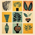 Tropical Symbolism: A Poster Of Vases With Retro Filters And Earthy Expressionism