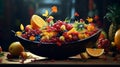 An exotic tropical fruit dessert elegantly presented in a boat-shaped bowl Royalty Free Stock Photo