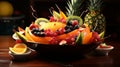 An exotic tropical fruit dessert elegantly presented in a boat-shaped bowl