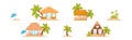 Tropical Thatched Hut or Bungalow with Palm Tree as Summer House Vector Illustration Set Royalty Free Stock Photo