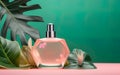 Tropical theme. Elegant and refined glass perfume bottle mockup are the perfect backdrop for your luxury beauty products