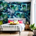 10 A tropical-themed bedroom with palm leaf wallpaper, rattan furniture, and pops of bright colors1, Generative AI