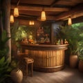 A tropical tiki bar adorned with bamboo decor and exotic cocktails garnished with fruit2