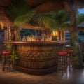 A tropical tiki bar with palm fronds and exotic cocktails garnished with fruit2