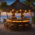 A tropical tiki bar with thatched roof and exotic cocktails garnished with fruit2