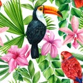 Tropical toucan bird and palm green leaves on white background. Floral Seamless pattern. Royalty Free Stock Photo