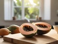 Tropical Tranquility: Afternoon Glow with Papaya on Wooden Cutting Board