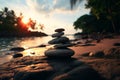 Tropical tranquility Rocky beach, colorful sunset, peaceful seashore at dusk