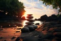 Tropical tranquility Rocky beach, colorful sunset, peaceful seashore at dusk