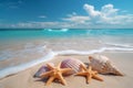 Tropical tranquility Starfishes, seashells on pastel beach, crystal clear waters