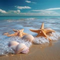 Tropical tranquility Starfishes, seashells on pastel beach, crystal clear waters