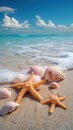 Tropical tranquility Starfishes, seashells on pastel beach, crystal clear waters