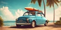 tropical travel vintage beach vacation retro summer car trip road. Generative AI.