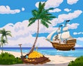 Tropical Treasure Island Pirate chest full of gold coins, gems, crown, sword, digging hole Royalty Free Stock Photo