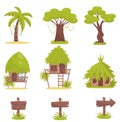 Tropical tree, bungalows and old wooden road signs, design elements of tropical jungle forest landscape vector Royalty Free Stock Photo