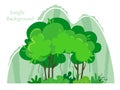 Tropical trees with mountains, jungle in cartoon style. Vector illustration of a forest landscape on a white background