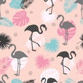 Tropical trendy background. Seamless vector pattern with flamingo