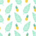 Tropical trendy seamless pattern with pineapples and mint green palm leaves on white background