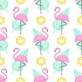 Tropical trendy seamless pattern with pink flamingos, donuts and green palm leaves on white background. Royalty Free Stock Photo