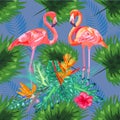 Tropical trendy seamless pattern with pink flamingos and mint green palm leaves Royalty Free Stock Photo