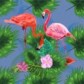 Tropical trendy seamless pattern with pink flamingos and mint green palm leaves Royalty Free Stock Photo