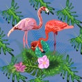Tropical trendy seamless pattern with pink flamingos and mint green palm leaves Royalty Free Stock Photo
