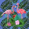 Tropical trendy seamless pattern with pink flamingos and mint green palm leaves. Royalty Free Stock Photo