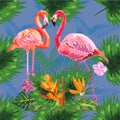 Tropical trendy seamless pattern with pink flamingos and mint green palm leaves Royalty Free Stock Photo