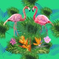 Tropical trendy seamless pattern with pink flamingos and mint green palm leaves Royalty Free Stock Photo