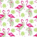 Tropical trendy seamless pattern with pink flamingos, and palm leaves. Summer, Exotic Hawaii art background, memphis Royalty Free Stock Photo