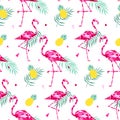 Tropical trendy seamless pattern with pink flamingos, and palm leaves. Summer, Exotic Hawaii art background, memphis Royalty Free Stock Photo