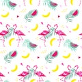 Tropical trendy seamless pattern with pink flamingos, and palm leaves. Summer, Exotic Hawaii art background, memphis Royalty Free Stock Photo