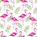 Tropical trendy seamless pattern with pink flamingos, and palm leaves. Summer, Exotic Hawaii art background, memphis Royalty Free Stock Photo