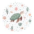 Tropical turtle floating underwater. Vector illustration. Isolated on white background. Cartoon sea animal Royalty Free Stock Photo