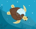 Tropical turtle with medical surgical protective face mask around its neck floats along bottom of ocean. Water pollution