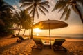 Tropical Twilight Beach Getaway with Sun Beds and Palm Tree Umbrella, generative Ai