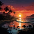 Tropical twilight, Oceans edge palms, distant yacht sunsets beauty depicted through vectors