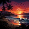 Tropical twilight, Oceans edge palms, distant yacht sunsets beauty depicted through vectors