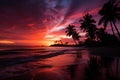 Tropical twilight purple sunset over palm lined beach, sunrise and sunset wallpaper