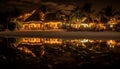 Tropical twilight, tranquil scene, illuminated bungalow, palm tree reflection generated by AI