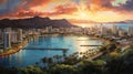 Tropical Twilight: Vibrant Hawaiian City Shoreline in Sunset Palette Royalty Free Stock Photo