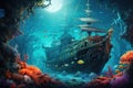 Tropical underwater scene with a ship, coral and fish, Beautiful underwater world with an old shipwreck, coral, and fish, AI