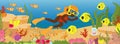 Tropical underwater seabed with sand and underwater world of corals and marine fish and algae cartoon style.