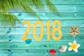 2018, tropical vacation background with palm tree and seashells Royalty Free Stock Photo